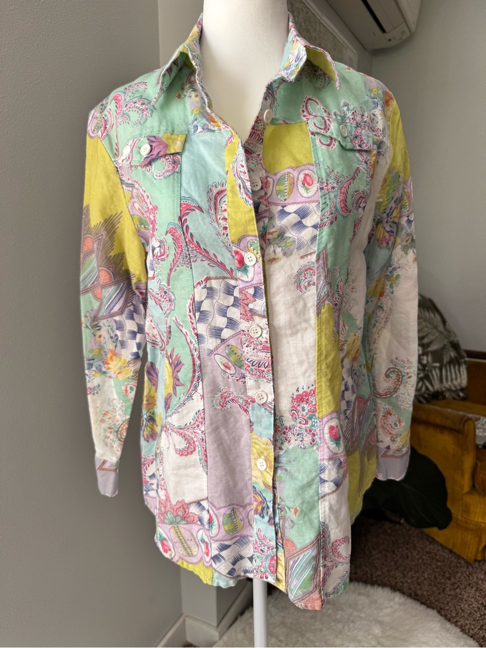 Harve Benard linen blend pastel colorful patchwork boho button up blouse medium